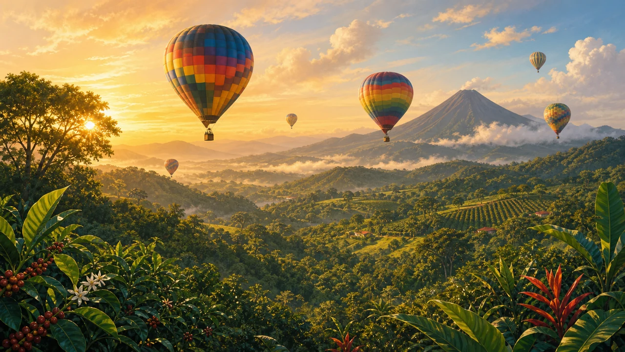 Hot air balloon drifting over Costa Rica rainforest