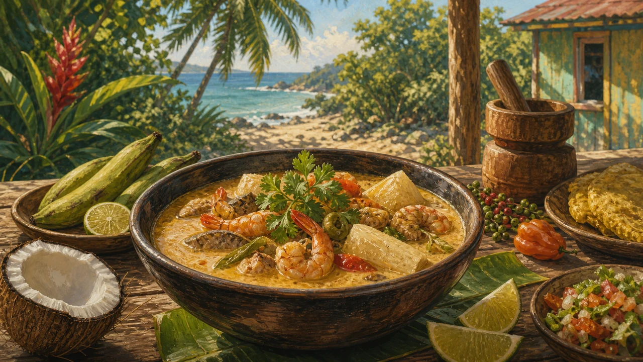 Traditional Caribbean cuisine of Limón — rice and beans, rondón, pati